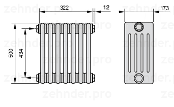 Схема (чертеж) Радиатор Zehnder Charleston 5050/7 №1270 Белый глянцевый RAL 9016